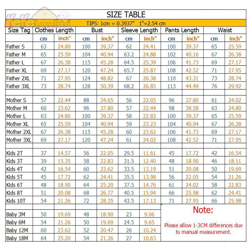 xmas pijamas size table chart